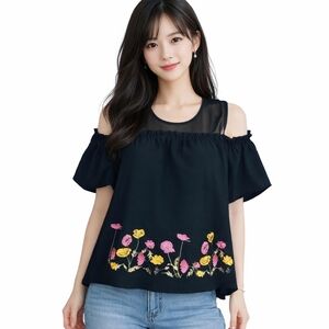 Black Silk Babydoll Embroidered Top Size S Off Shoulder Flutter Sleeve Netting